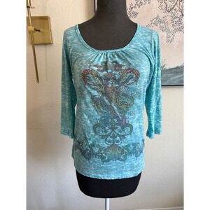 Yukiko Turquoise Burnout Graphic Top Rhinestone 3/4 Sleeve Scoop Neck Medium